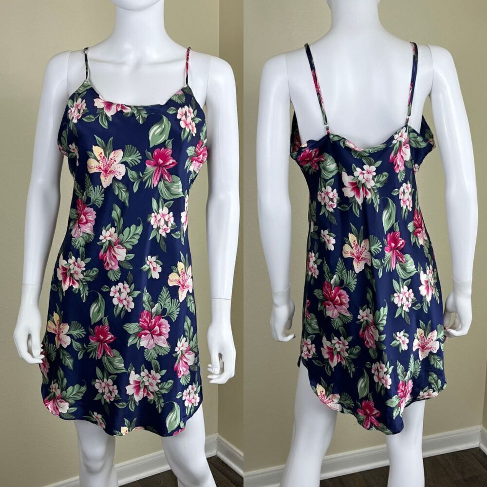 Lord & Taylor Women Size L Silk Floral Chemise Slip Mini Dress Hawaiian Lingerie